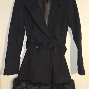 bebe Black Trench Coat with Fur Trim
